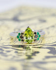 Pear Shape Peridot & Black Diamond and Emerald 2 Tons Gold Jet Ring