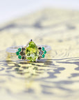 Pear Shape Peridot & Black Diamond and Emerald 2 Tons Gold Jet Ring