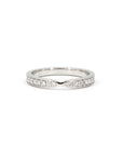 Platinum wedding band with a pinch design and diamonds, custom-made by Bena Jewelry in Montreal, Canada.