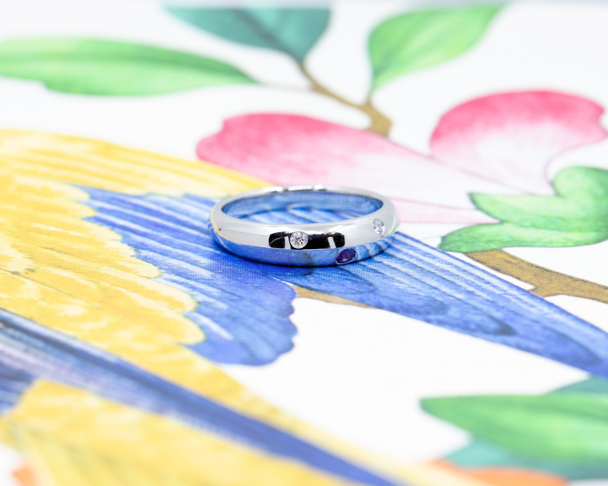 Platium Men Wedding Band Pink Sapphire & Diamond Bezel Setting