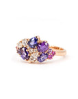 Top-down view: Displays the unique arrangement of the gemstones and their seamless integration into the gold band. Crafted by Bena Jewelry, Montreal, Canada.