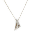 White gold pyramidal pendant featuring lab-grown white and golden-brown diamonds, designed by Bena Jewelry. Contemporary geometric jewelry, handmade in Montreal.