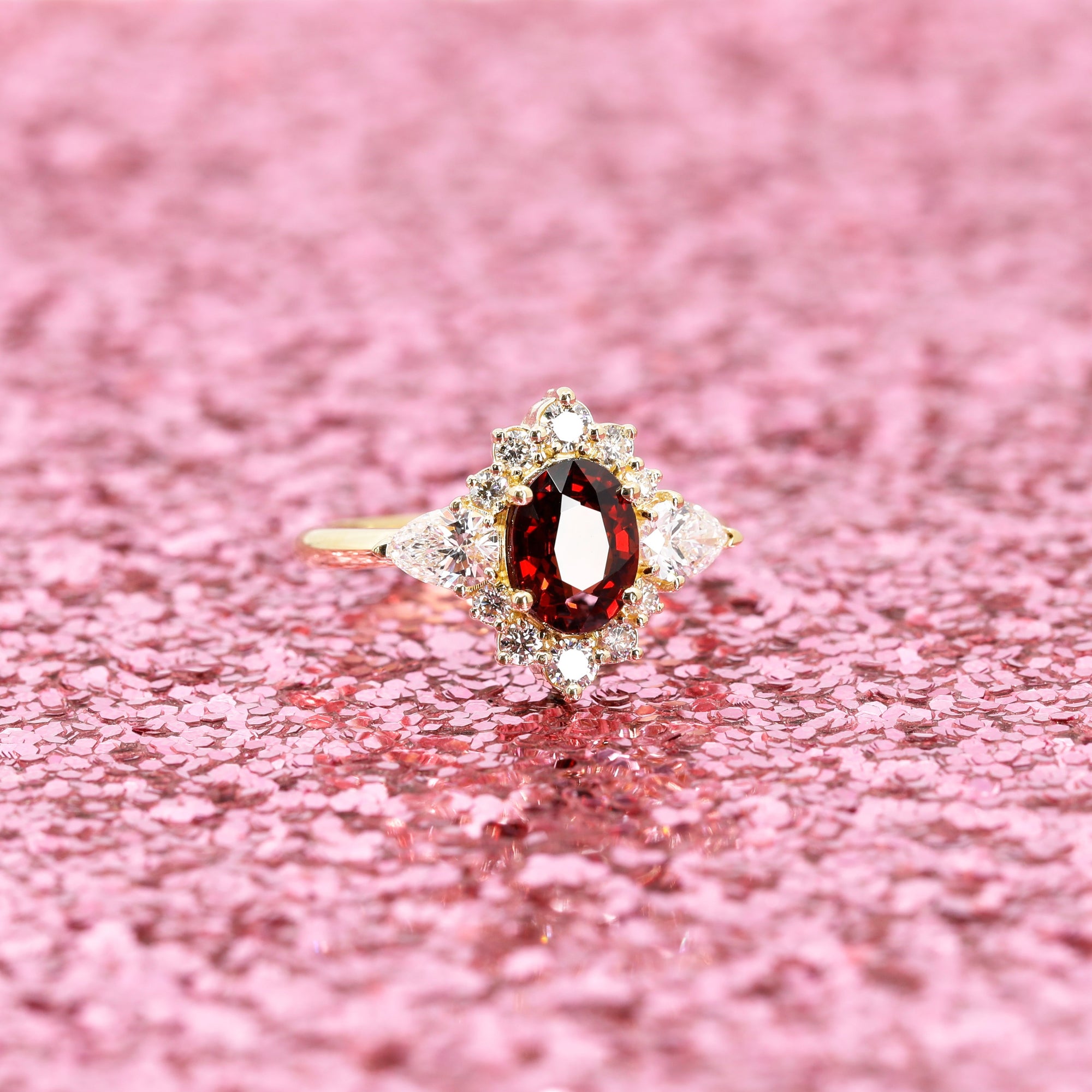 Oval Shape Pyope Garnet & Pear Shape Diamond Ring
