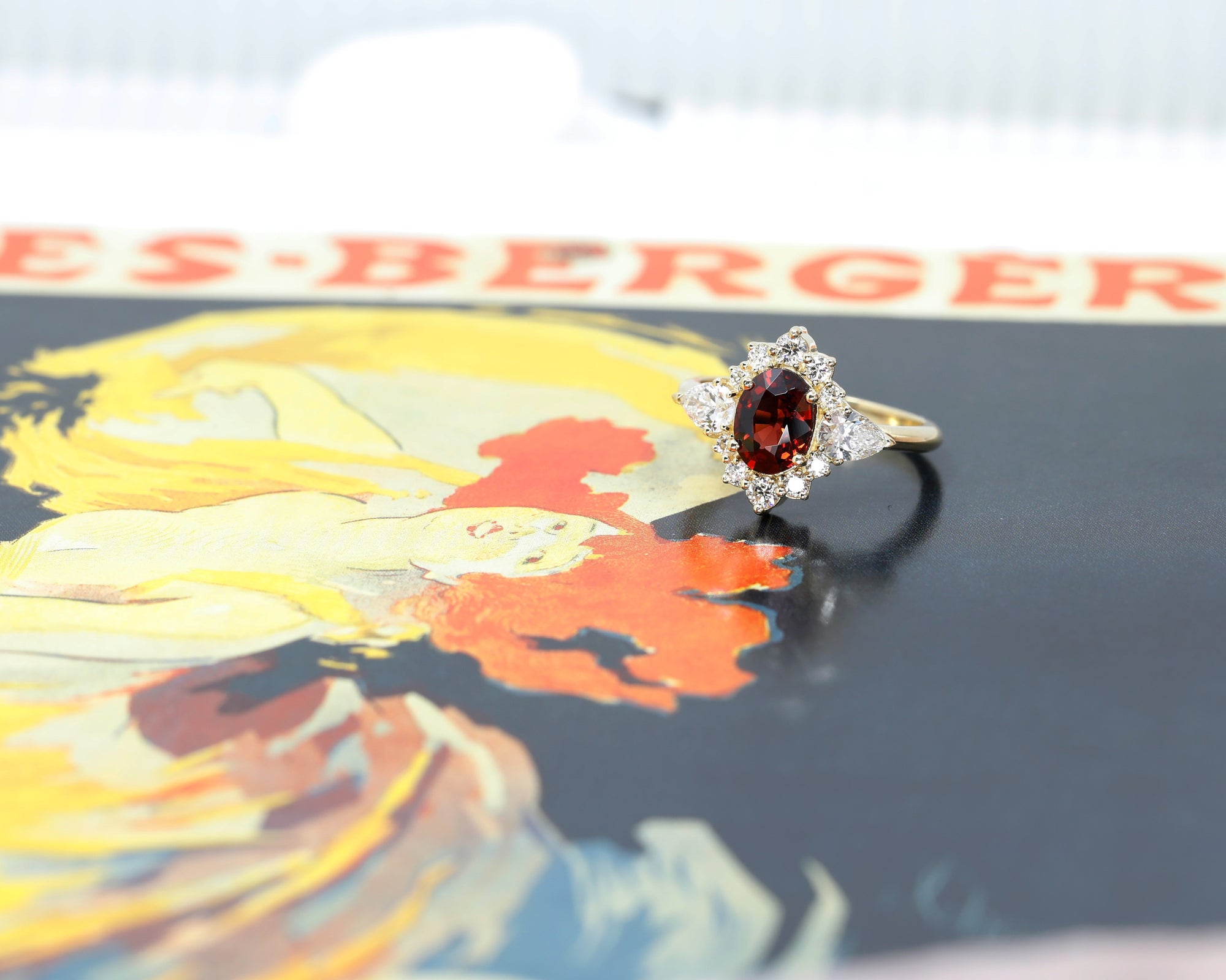 Oval Shape Pyope Garnet & Pear Shape Diamond Ring