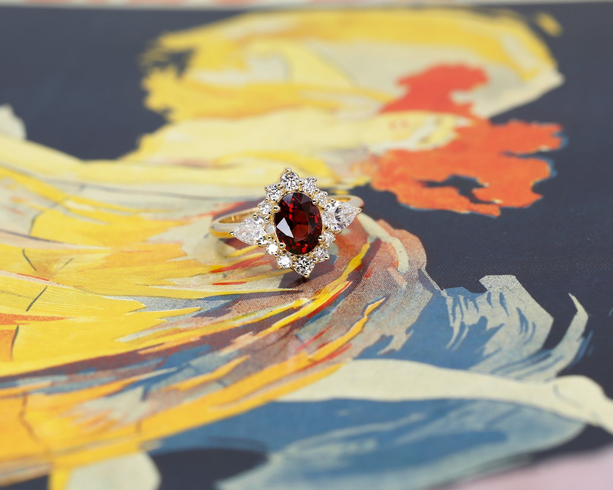 oval shape pyrope garnet pear shape diamond halo custom made in montreal by bena jewelry