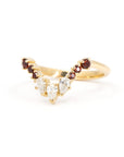 Yellow gold wedding ring with pyrope garnets and pear-shaped diamonds, designed to pair with an engagement ring. Crafted by Bena Jewelry in Montreal, Canada.