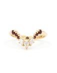 Unique bridal ring in yellow gold with a combination of pyrope garnets and pear-shaped diamonds, designed by Bena Jewelry in Montreal.