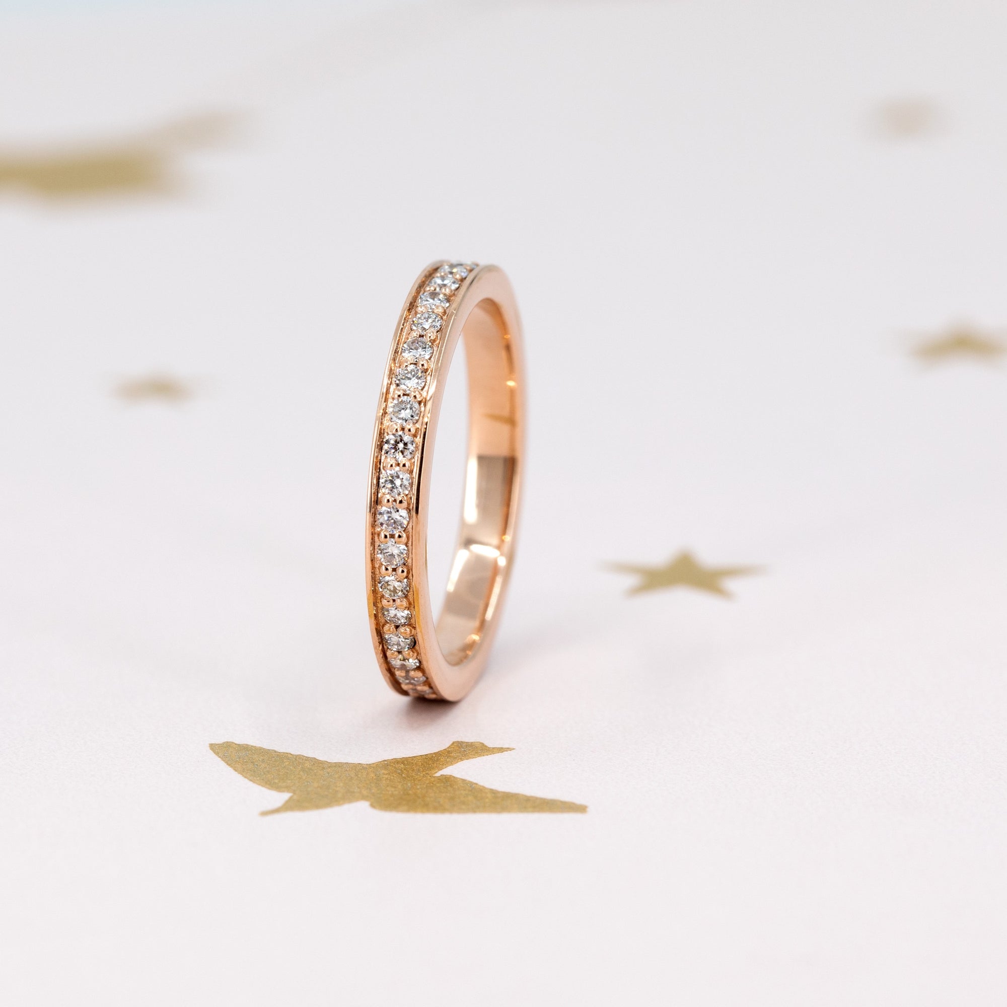 Side view of Bena Jewelry’s rose gold wedding band, featuring sparkling 1.50 mm lab-grown diamonds in a pinpoint setting. Made in Montreal, Quebec, this ring shines with elegance and is ideal for stacking.