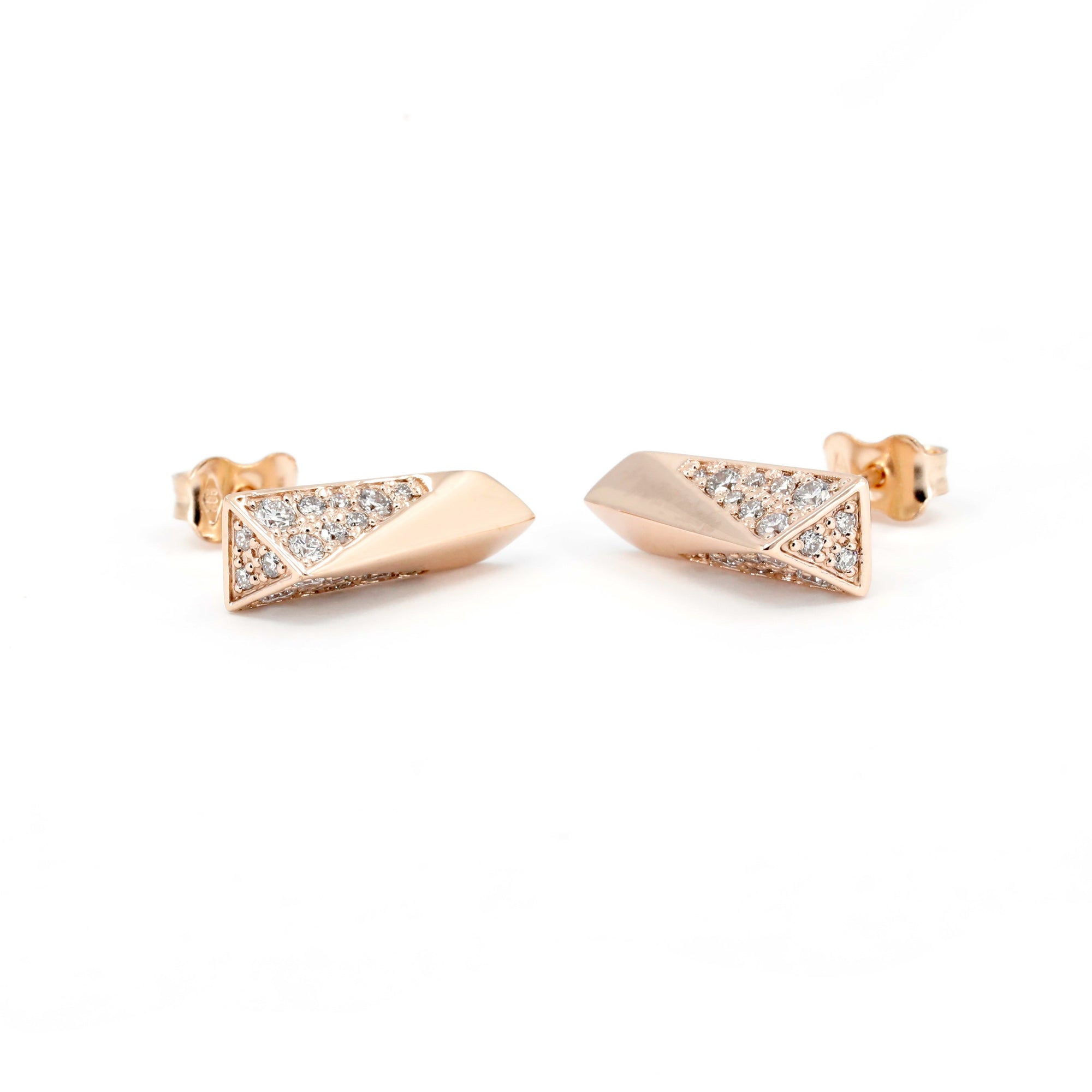 White Background, Close-up of Diamond Pavé: Detailed view of the diamond pavé on the Rose Gold Pike Earrings Half Diamond. Crafted in Montreal.
