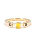 Close-up view of a yellow gold ring featuring an emerald-cut yellow diamond, flanked by two bezel-set natural brown diamonds, against a white background.