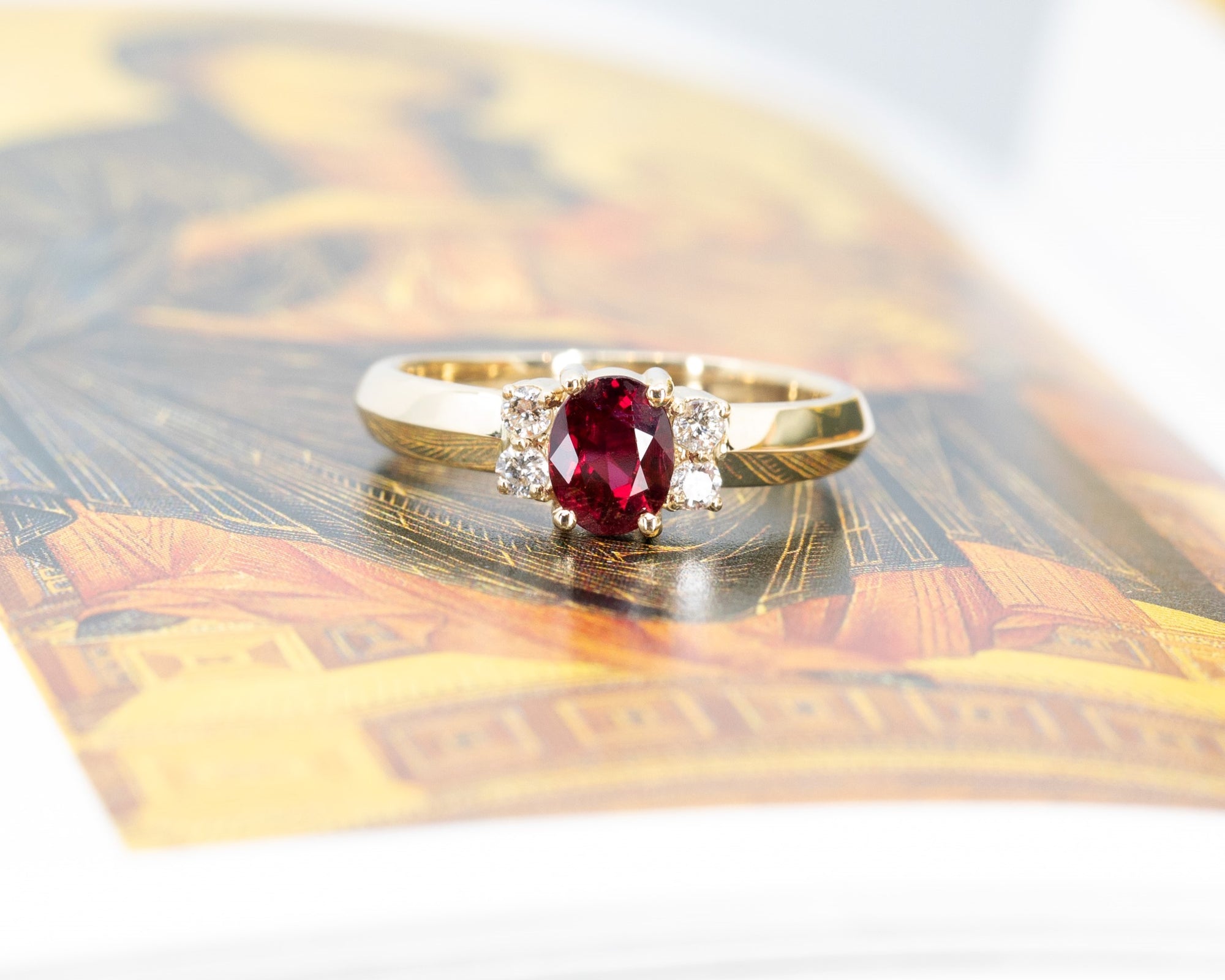 Oval Shape Ruby & Diamond Yellow Gold Ring