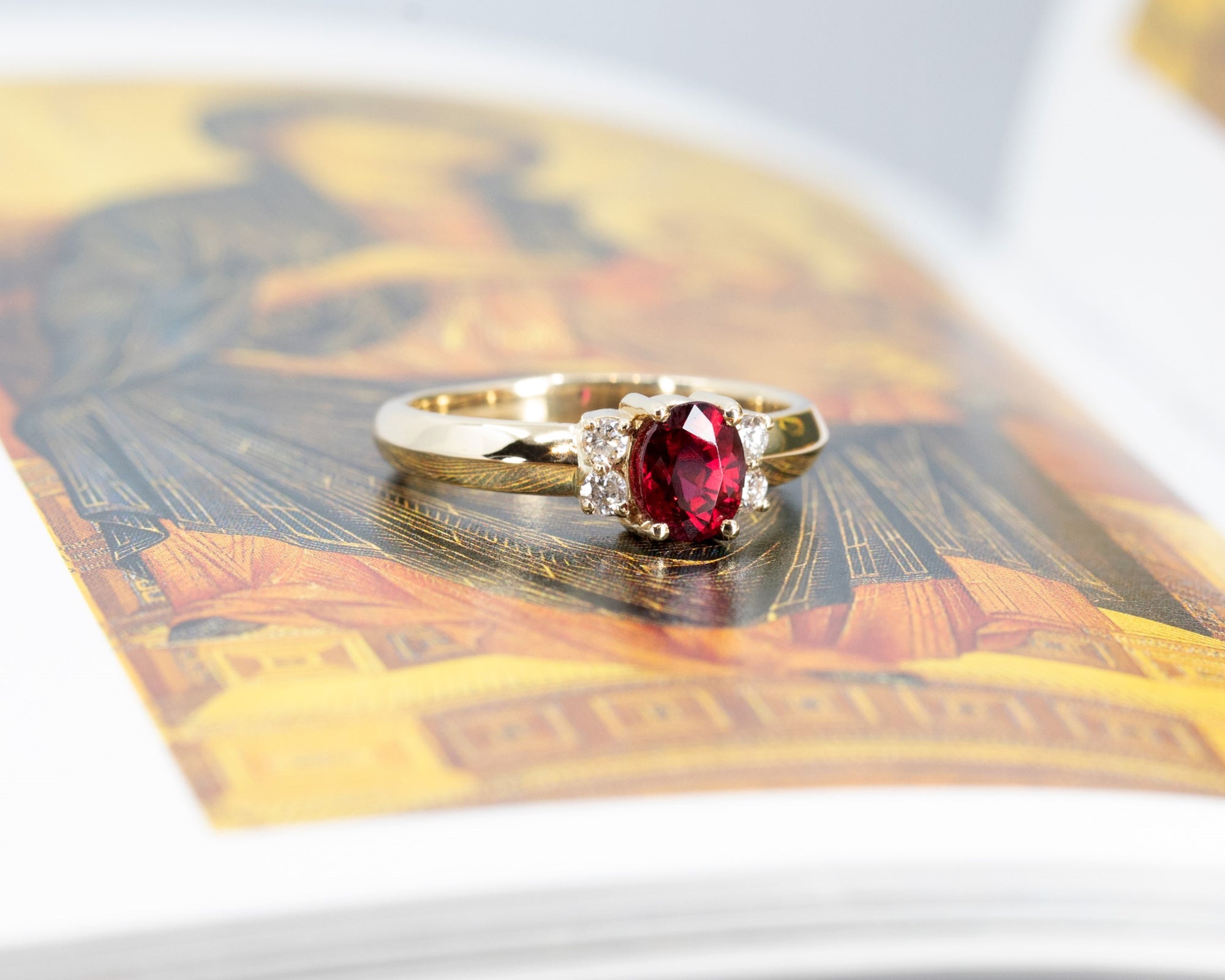 Oval Shape Ruby &amp; Diamond Yellow Gold Ring