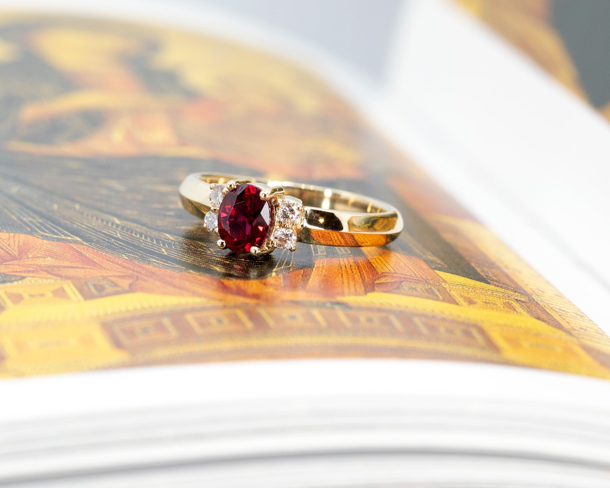 Oval Shape Ruby &amp; Diamond Yellow Gold Ring