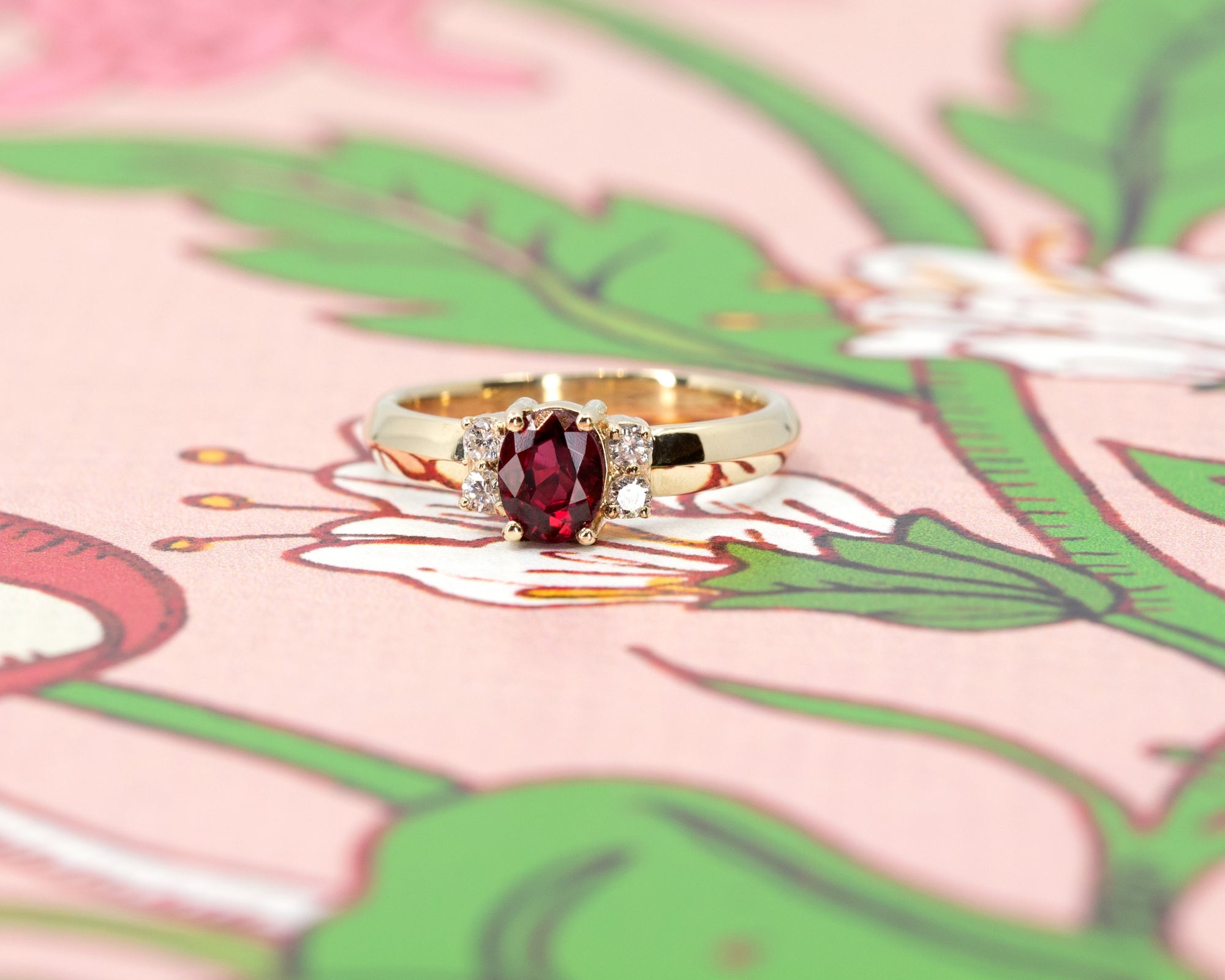 Oval Shape Ruby & Diamond Yellow Gold Ring
