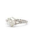 Side view of a hexagonal salt and pepper diamond ring with a split shank band. Custom-made bridal jewelry crafted by Bena Jewelry in Montreal, featuring a natural gemstone.