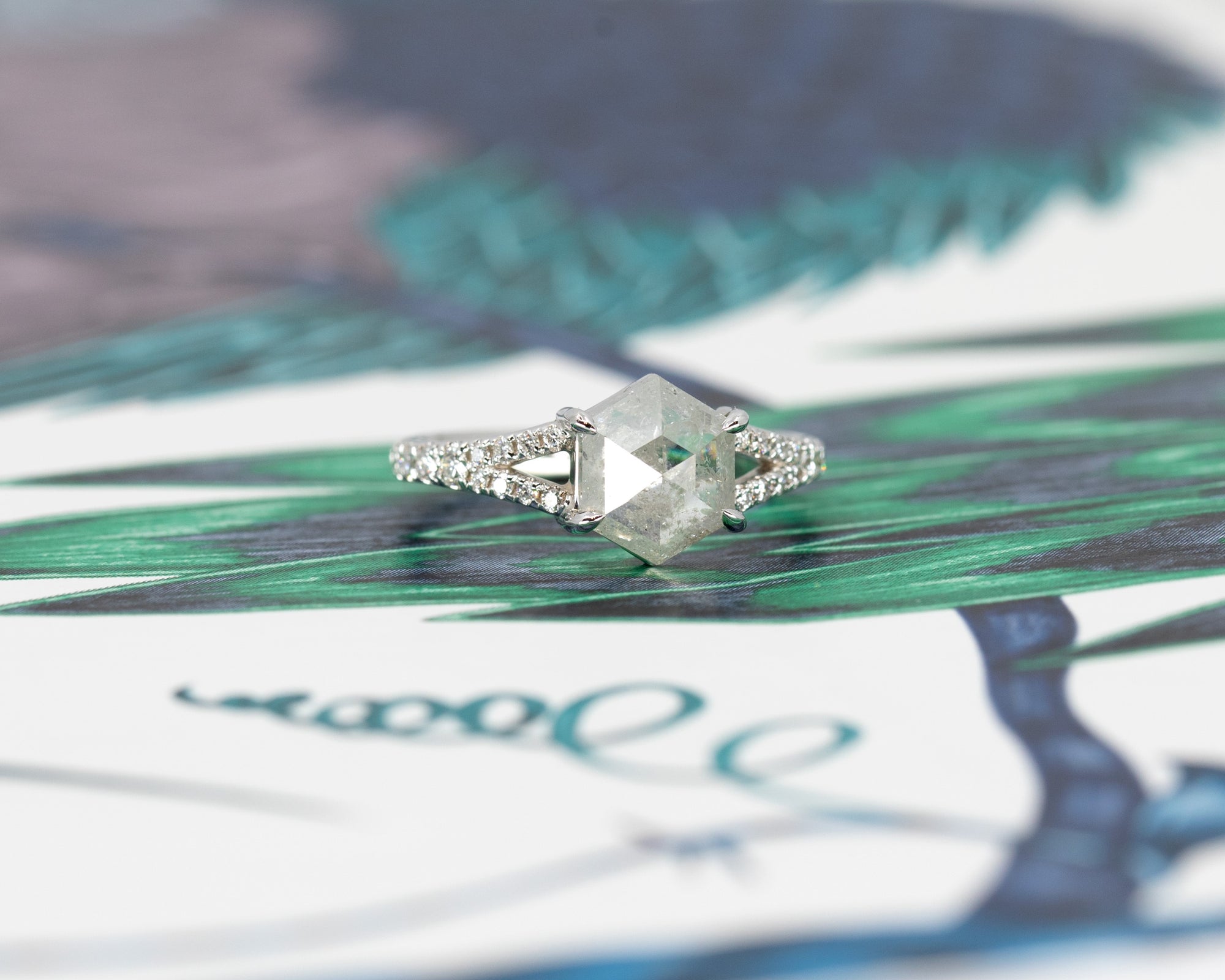 Unique fine jewelry ring featuring a natural hexagonal salt and pepper diamond, crafted by Bena Jewelry in Montreal, Canada.
