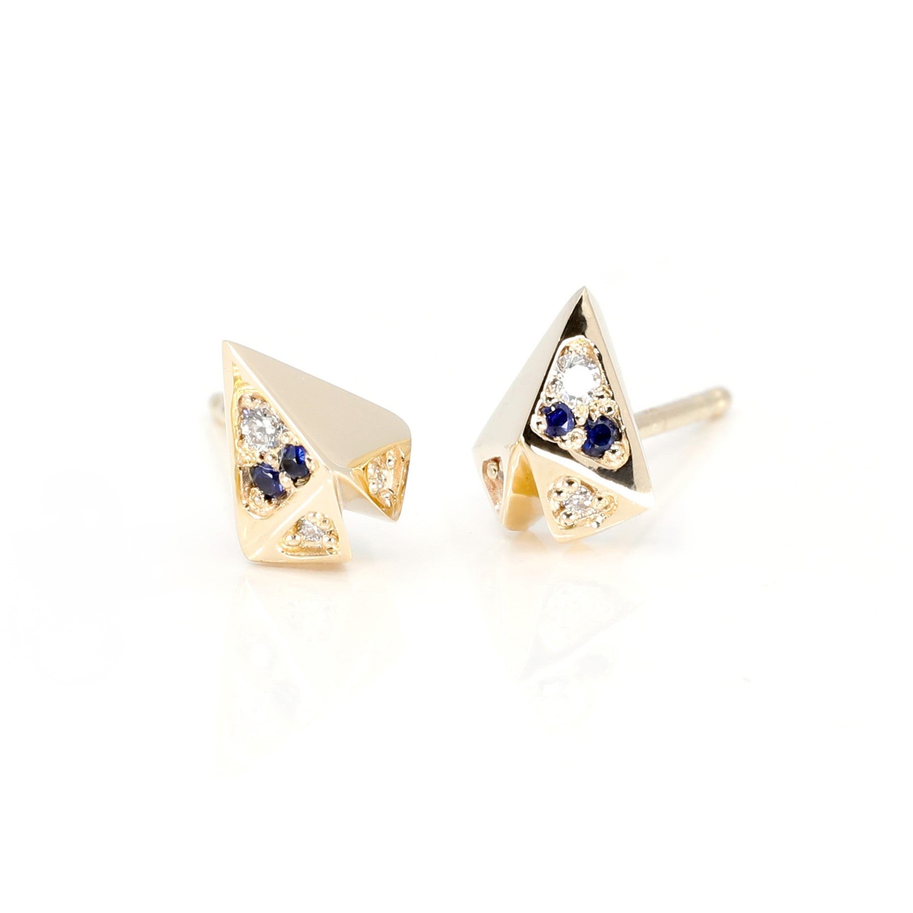 Edgy Heart Sapphire Diamond Studs in yellow gold, featuring blue sapphires and diamonds by Bena Jewelry in Canada.