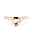 Yellow gold wedding band with round and pear-shaped diamonds in a V-shape design, crafted in Montreal by Bena Jewelry. Ideal for stacking or wearing alone.