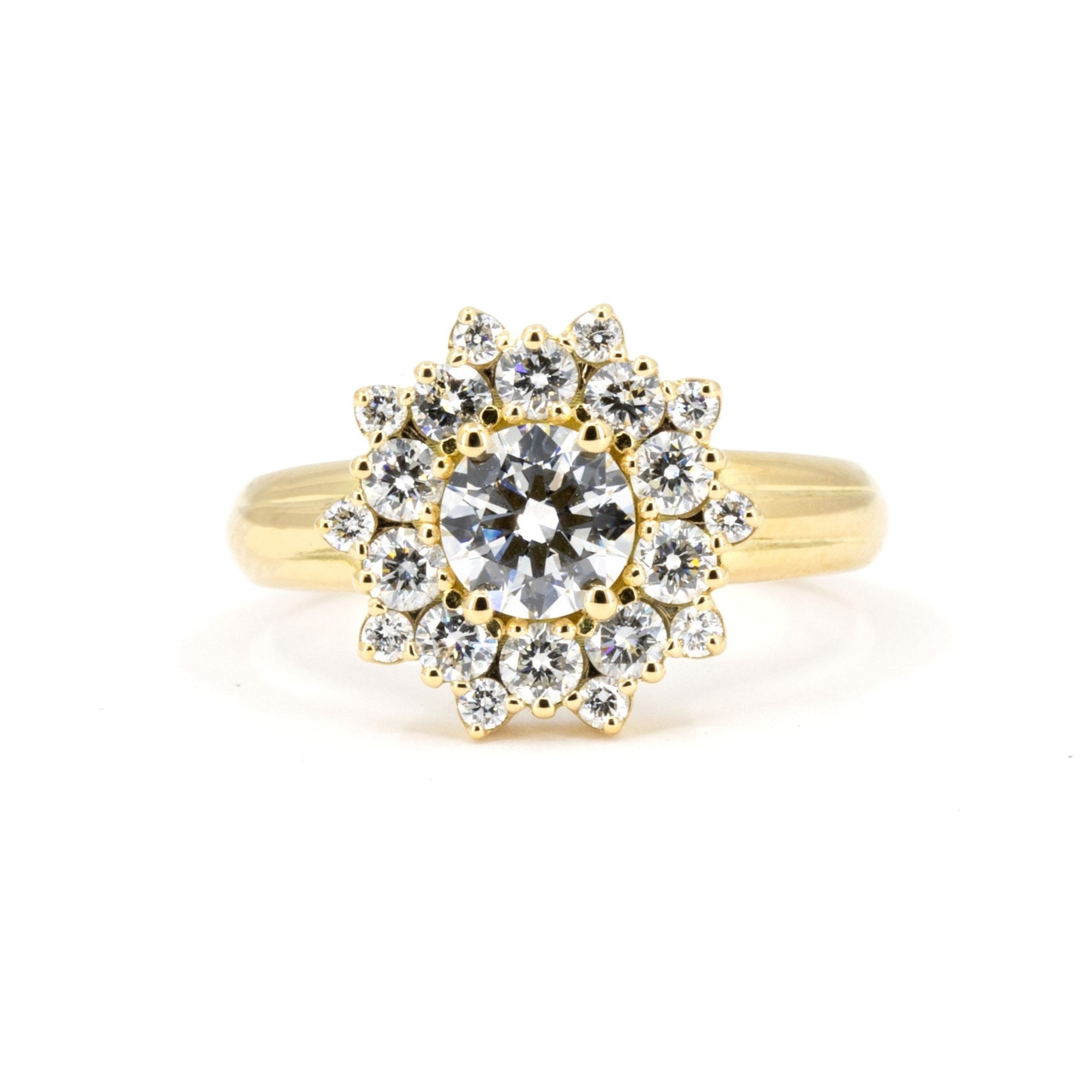 Bena Jewelry Soleil ring in 14k yellow gold with white diamond halo, photographed on white background – made in Montreal, Canada