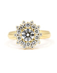 Bena Jewelry Soleil ring in 14k yellow gold with white diamond halo, photographed on white background – made in Montreal, Canada
