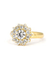Edgy fine jewelry ring with central diamond and double halo design, by Canadian designer Bena Jewelry – white studio background