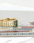 Side view of the Boxy Gold Ring with an Emerald-Cut Teal Sapphire, made in Canada – A fine jewelry design blending modern minimalism with bold architectural lines, crafted by Bena Jewelry.