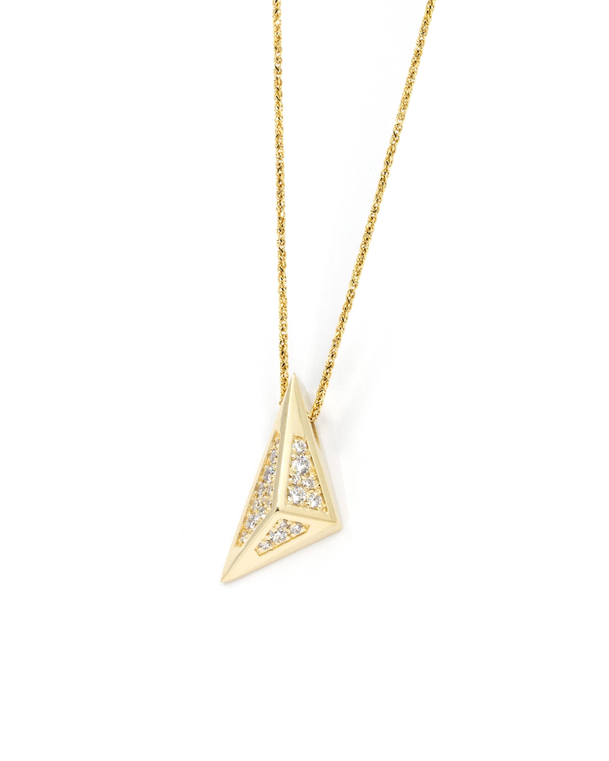Side view of the Edgy Pyramidal Pendant in yellow gold with diamonds, highlighting the geometric triangular lines and luxurious sparkle, against a white background by Bena Jewelry.