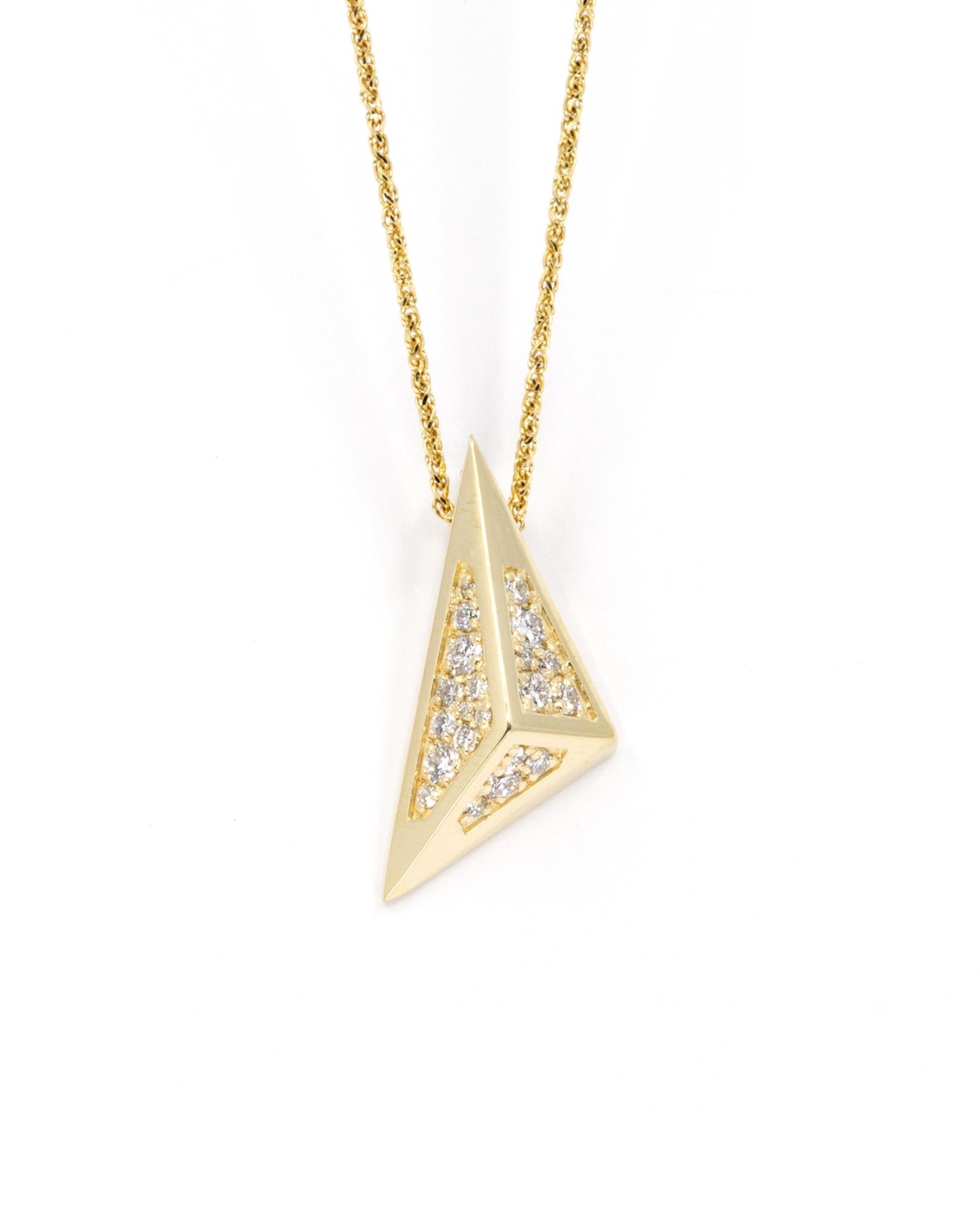 Edgy Pyramidal Pendant in yellow gold with diamond paving, featuring sharp triangular lines, displayed on a clean white background by Bena Jewelry.