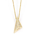 Edgy Pyramidal Pendant in yellow gold with diamond paving, featuring sharp triangular lines, displayed on a clean white background by Bena Jewelry.
