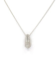White gold and diamond pendant necklace featuring an edgy, geometric design with pave-set diamonds. Made by Bena Jewelry, a designer brand from Canada. Displayed against a white background.