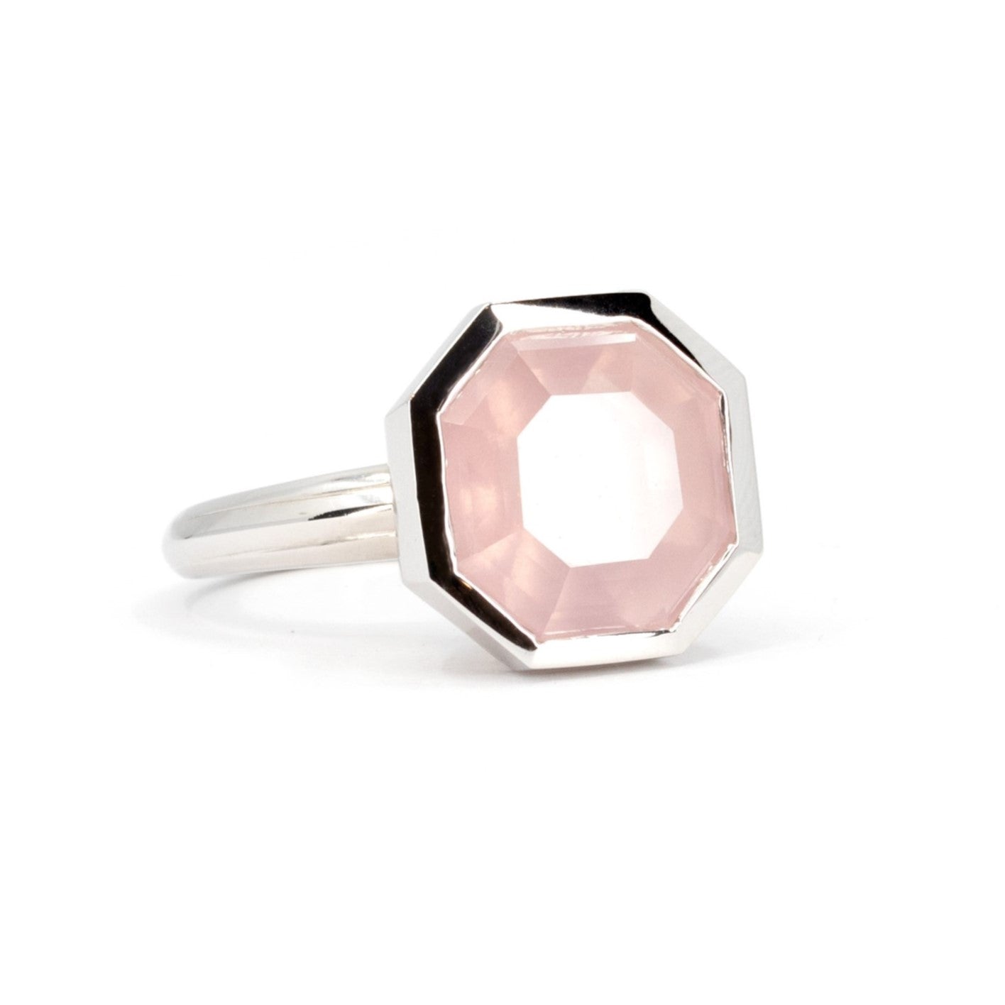 Bijou Bubble Pink Rose Quartz Ring with candy-pink rose quartz, bezel-set in white gold, displayed on a white background.