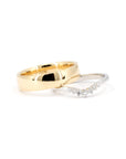 Yellow gold men wedding presented with the diamond white gold classic weeding band for women. Fine jewelry made in Montreal, by Bena Jewelry designer.