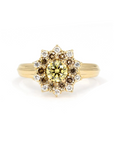 Soleil yellow diamond ring with brown and white diamond halo, set in yellow gold, displayed on a clean white background by Bena Jewelry.