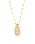A close-up of the Ballast Pendant by Bena Jewelry, suspended from a delicate yellow gold chain. The pendant has a tapered, geometric shape with sharp, angular edges and a polished gold surface. Two parallel rows of round brilliant-cut diamonds are set in a recessed channel, adding depth and sparkle to the design. The pendant hangs symmetrically, emphasizing its bold, modern aesthetic. Handcrafted in Montreal, this striking statement piece is available at Bena Jewelry.