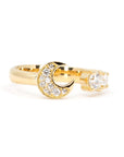 Open moon ring in yellow gold with pave-set diamonds, featuring a crescent moon design. Custom-made by Bena Jewelry in Montreal, Canada.