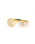 Yellow gold open ring with diamond pave crescent moon, crafted by Bena Jewelry, a fine jewelry designer in Montreal.