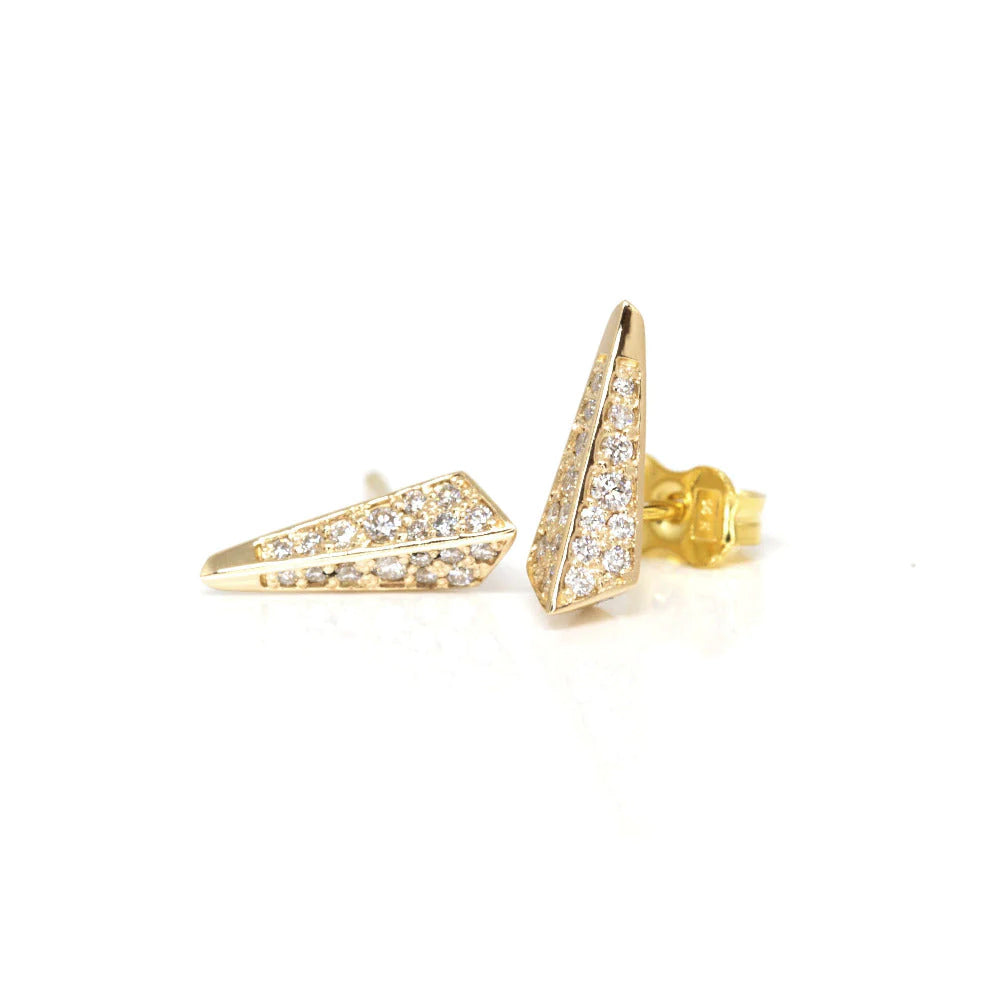 Diamond Blade Earrings in yellow gold with diamond pavé, bold and delicate design by Bena Jewelry, Montreal.