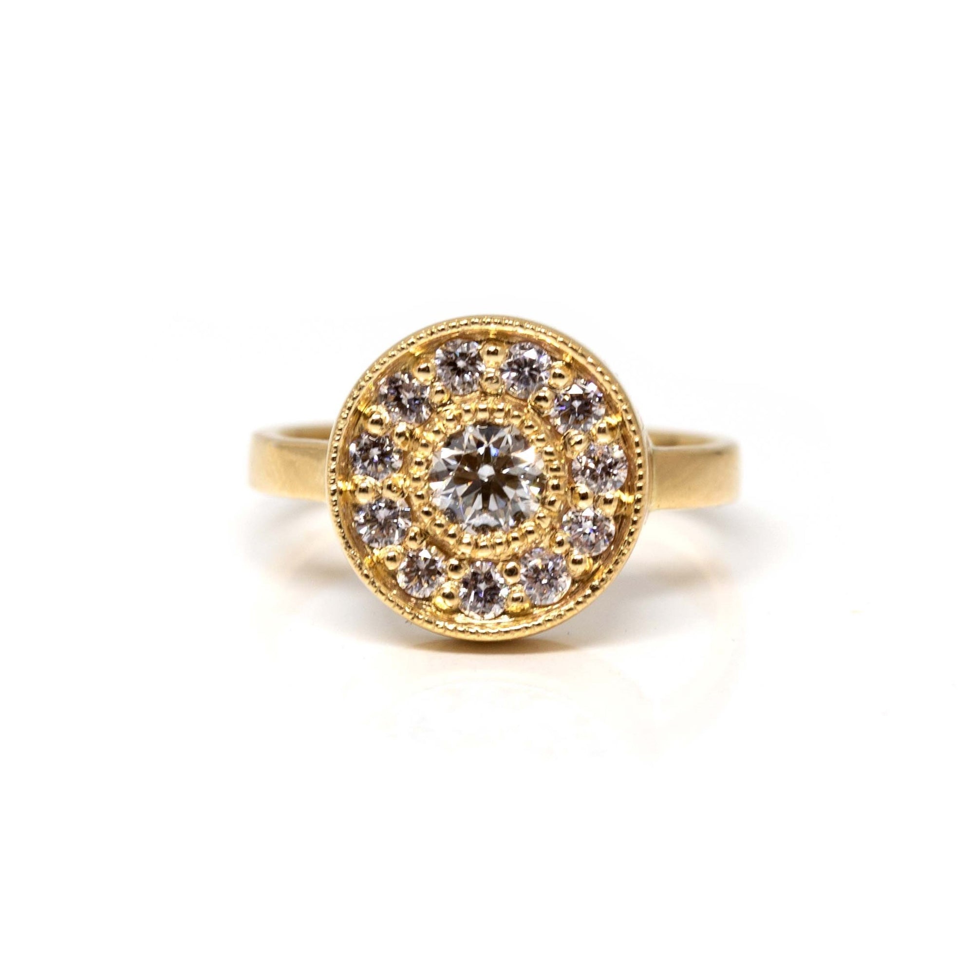 Yellow Gold Miligrain Diamond Halo Boldy Engagement Ring