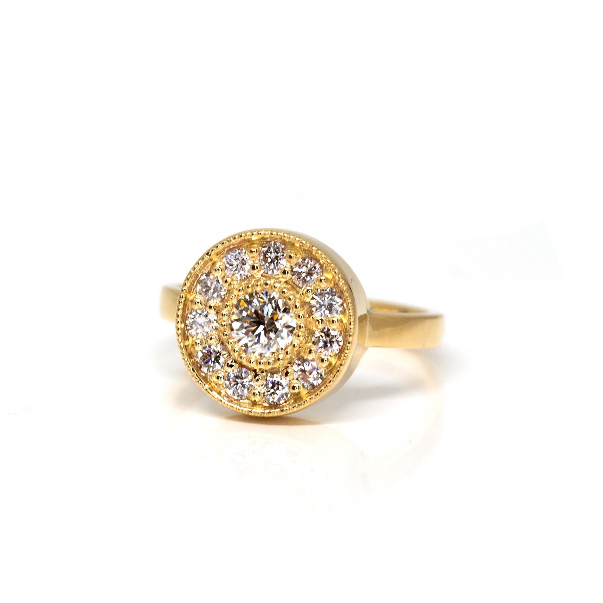 Yellow Gold Miligrain Diamond Halo Boldy Engagement Ring
