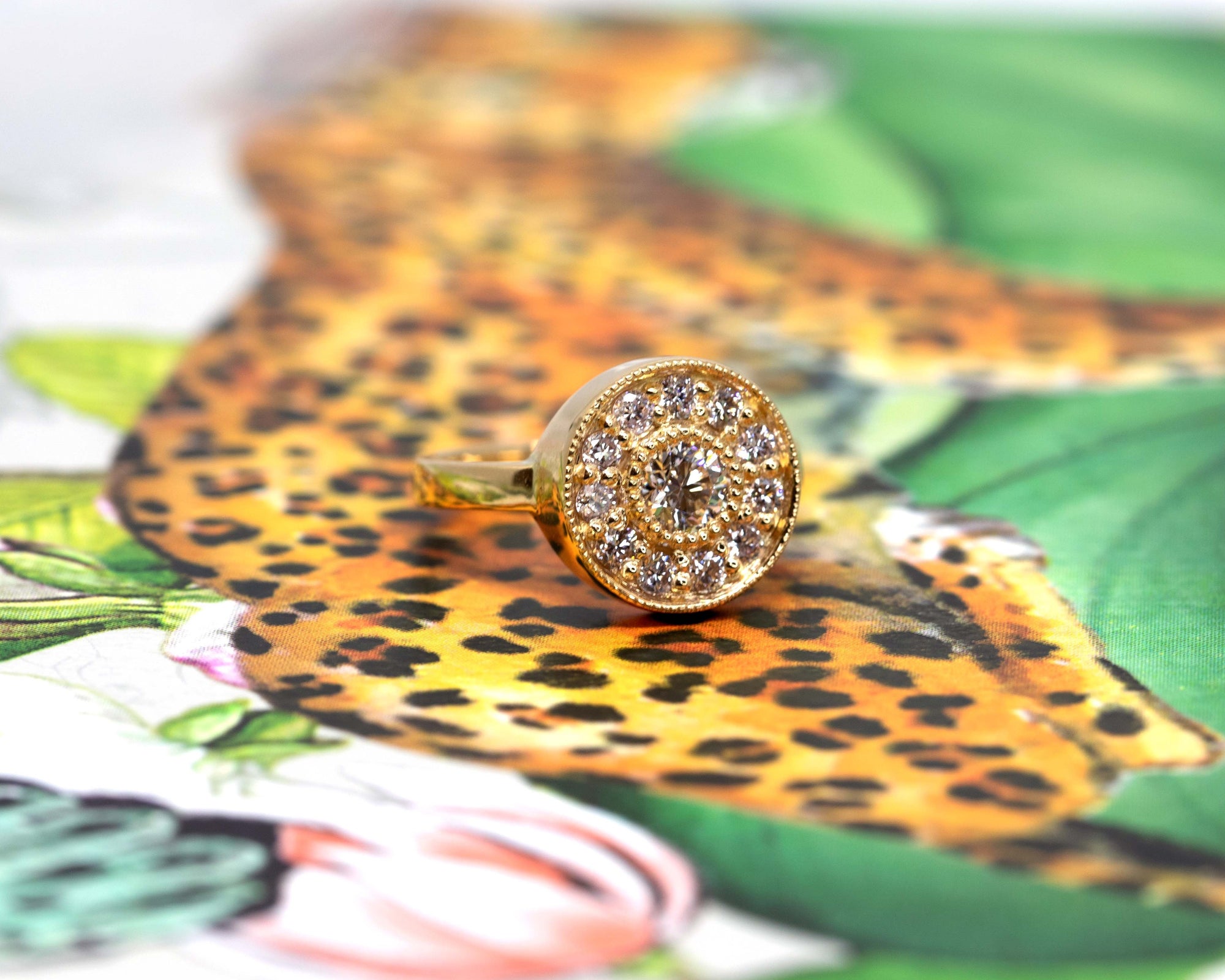 Yellow Gold Miligrain Diamond Halo Boldy Engagement Ring
