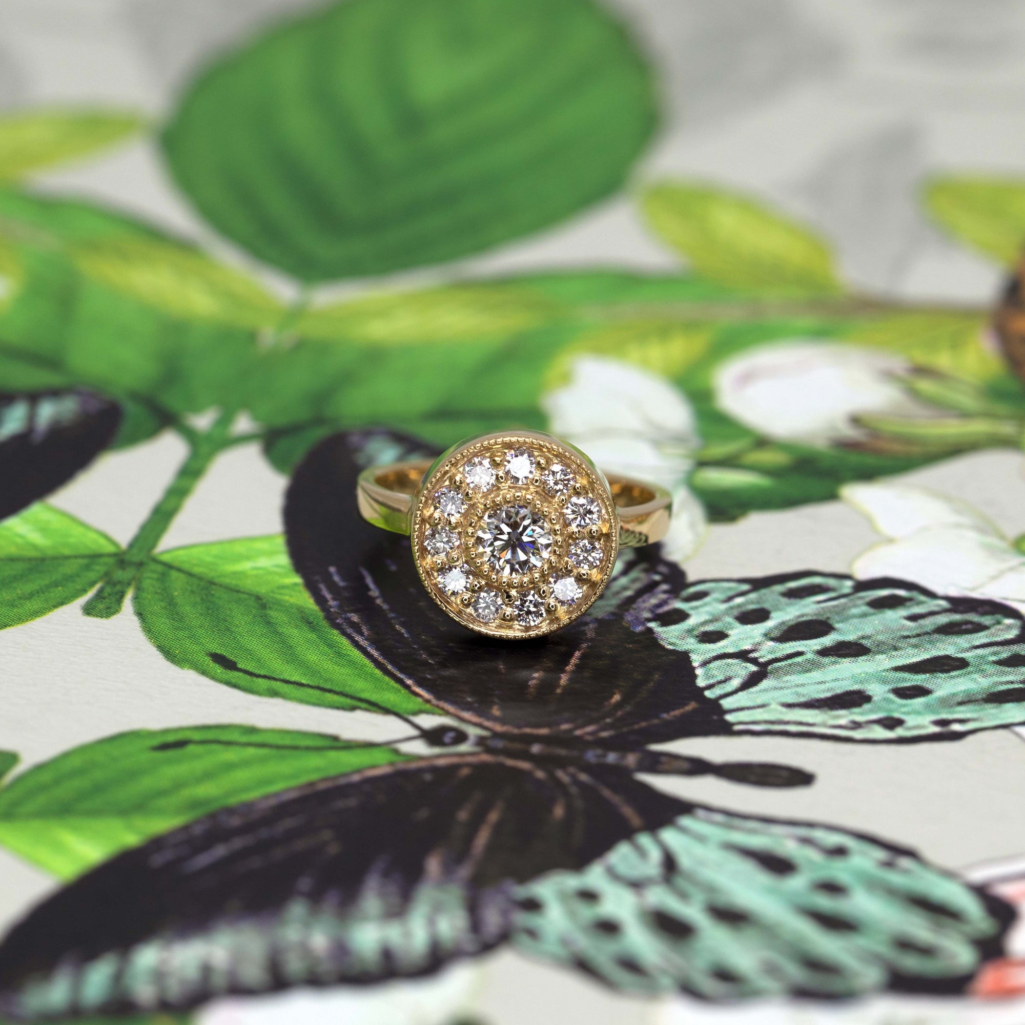 Yellow Gold Miligrain Diamond Halo Boldy Engagement Ring