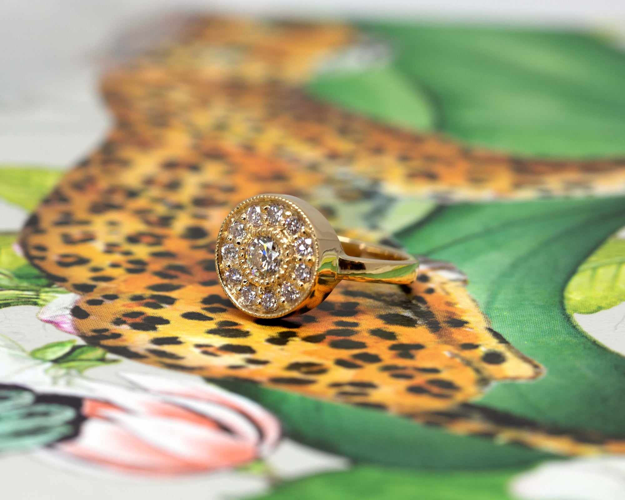 Yellow Gold Miligrain Diamond Halo Boldy Engagement Ring