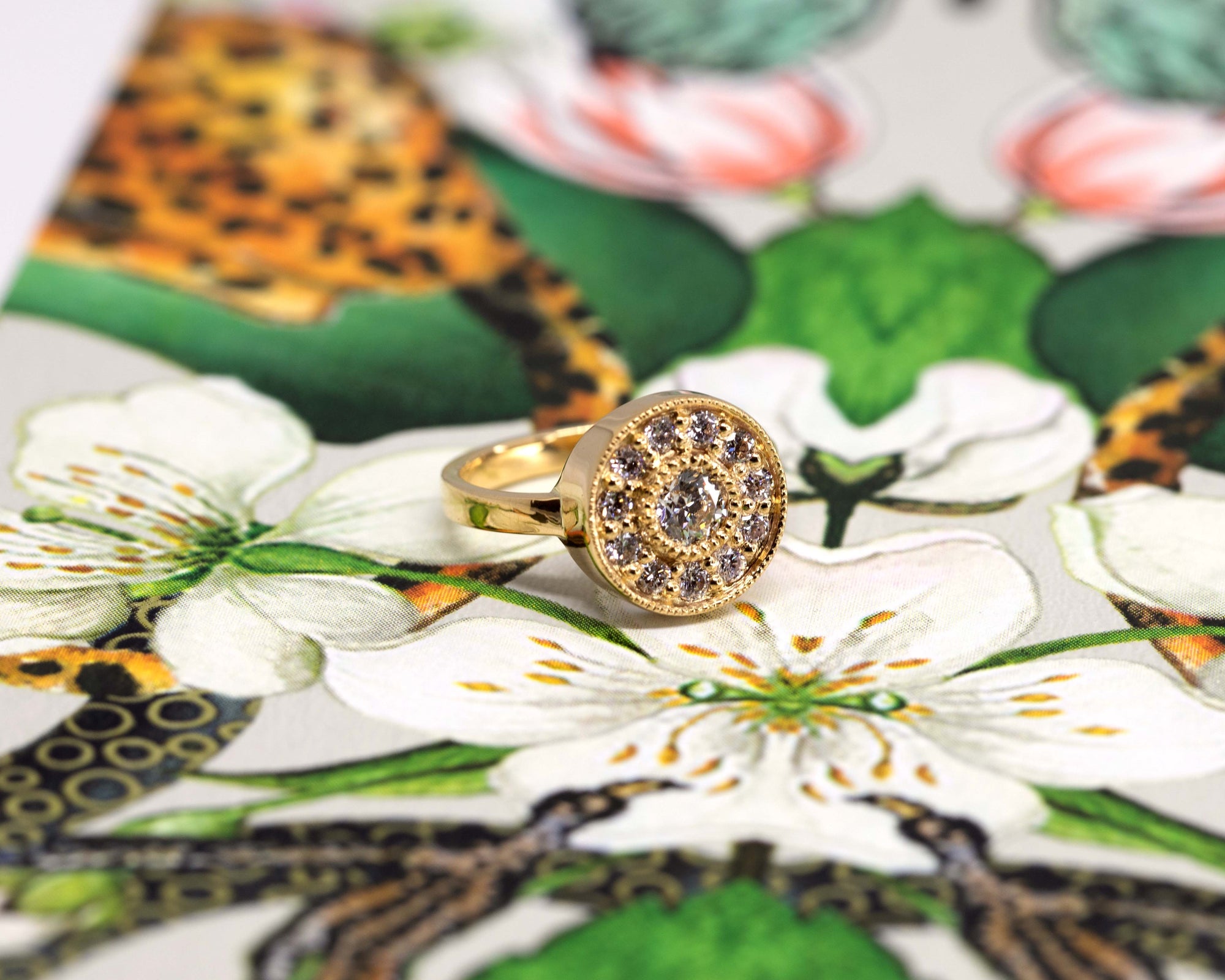 Yellow Gold Miligrain Diamond Halo Boldy Engagement Ring