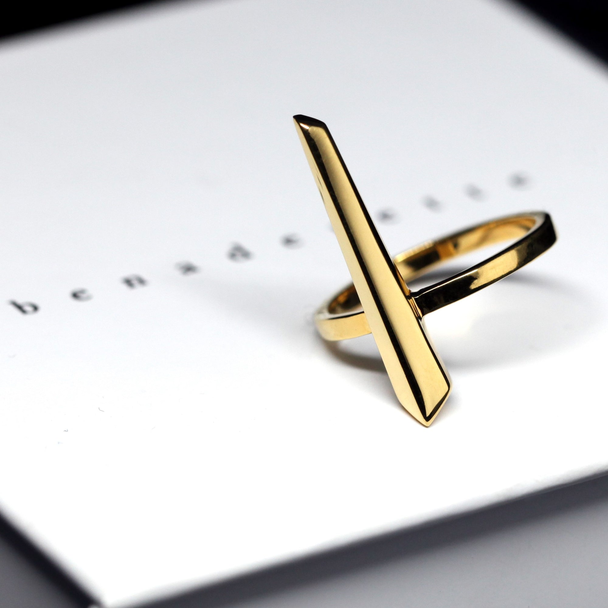 Side view of Peak Ring in Yellow Gold – A unique fine jewelry piece designed to be worn along the length of the finger.