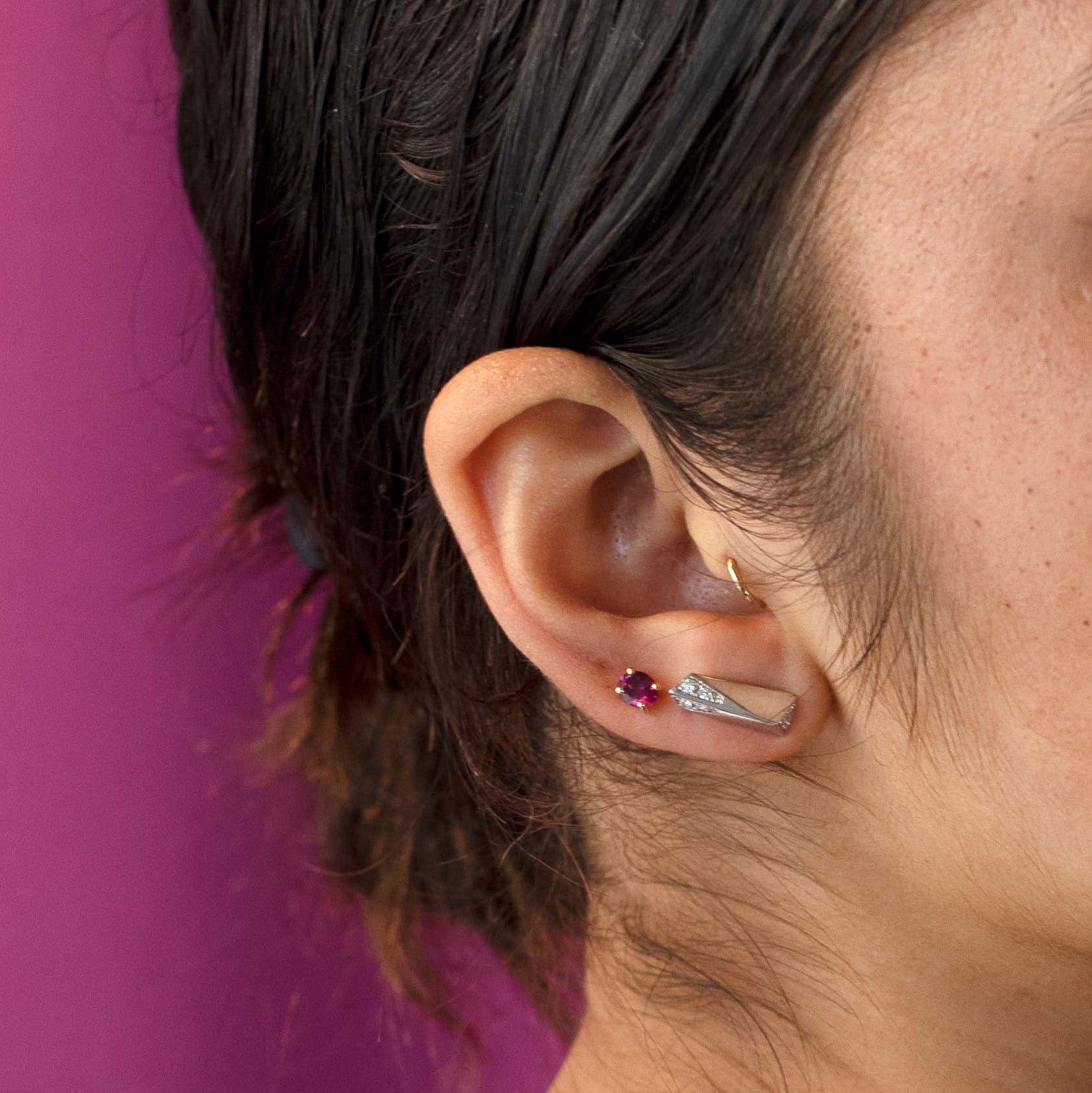 Minimalist Redish Purple Rhodolite Garnet Gold Stud Earrings
