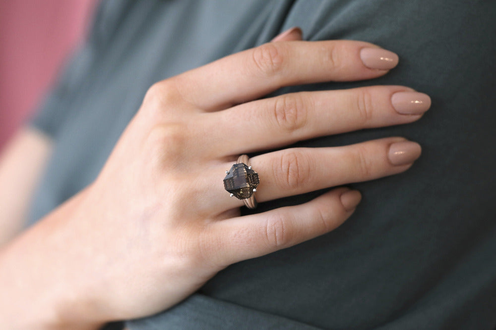 girl wearing bena jewelry cocktail ring silver jewelry smoky quartz fancy shape ring made in montreal canada jewelry designer