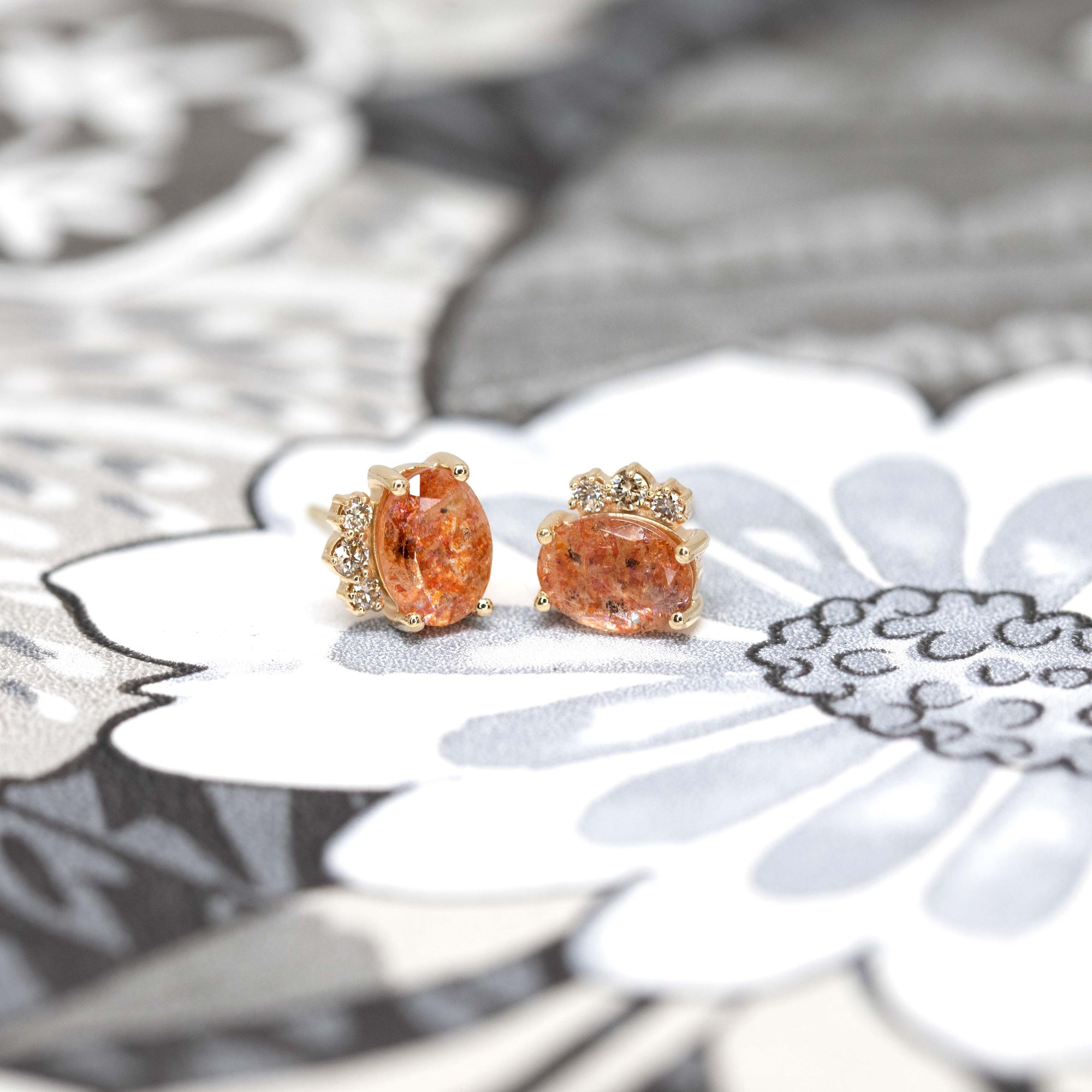 Sunstone & Cognac Diamond Gold Earrings - 0.17 ct