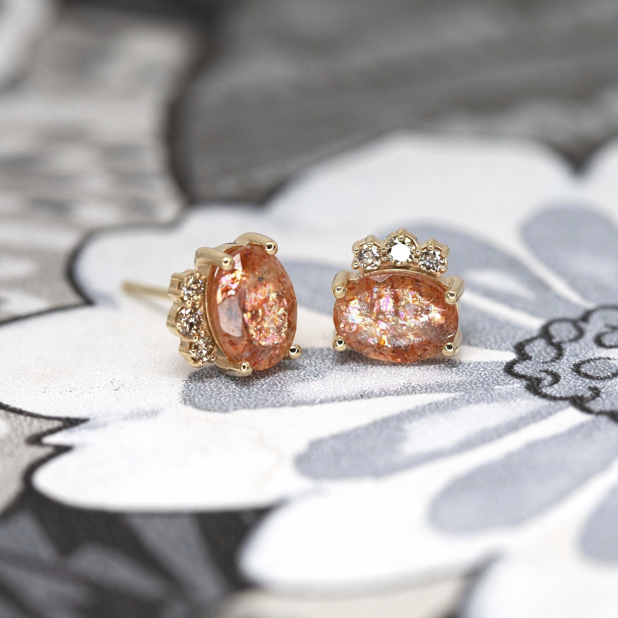 Sunstone & Cognac Diamond Gold Earrings - 0.17 ct