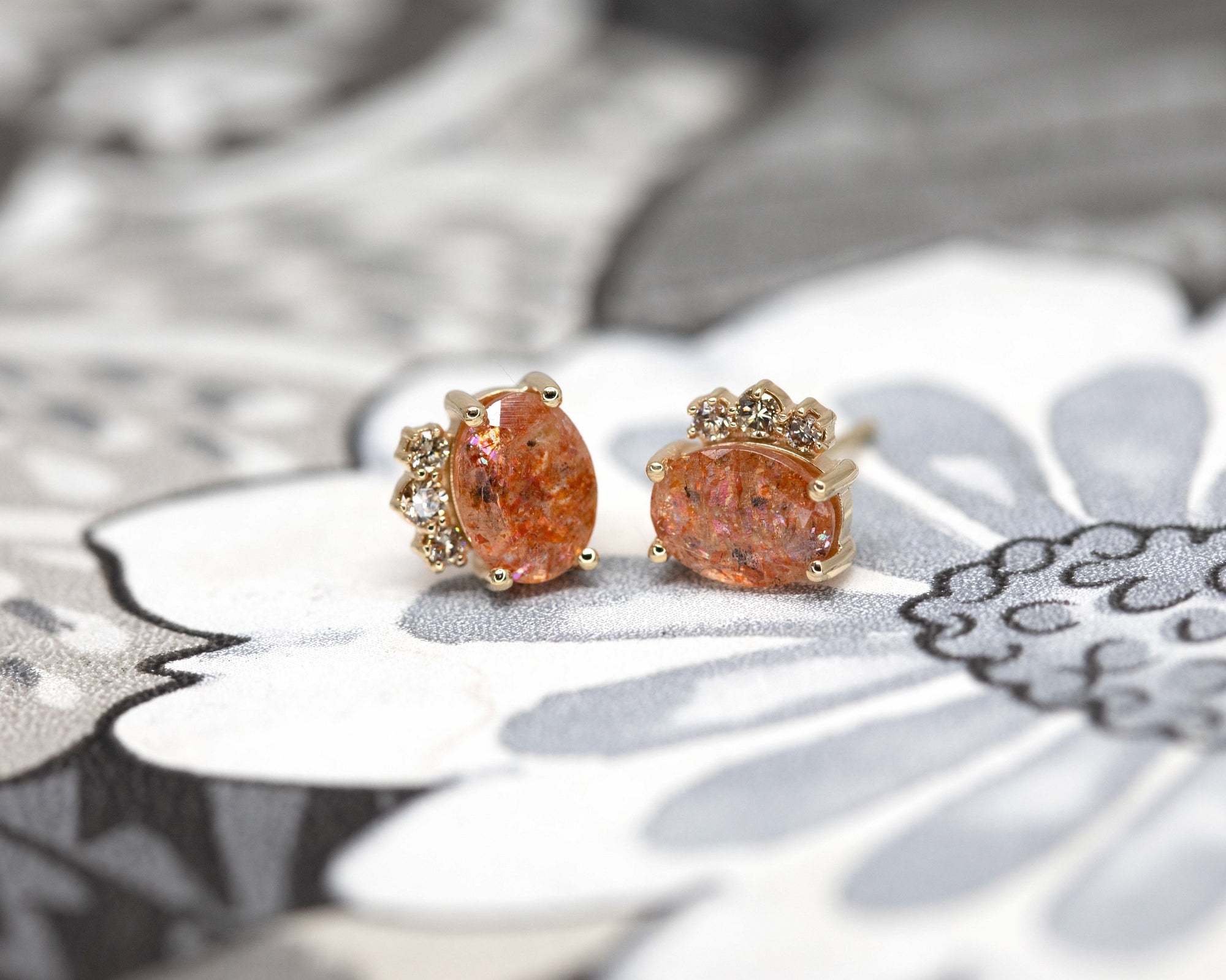 Sunstone & Cognac Diamond Gold Earrings - 0.17 ct