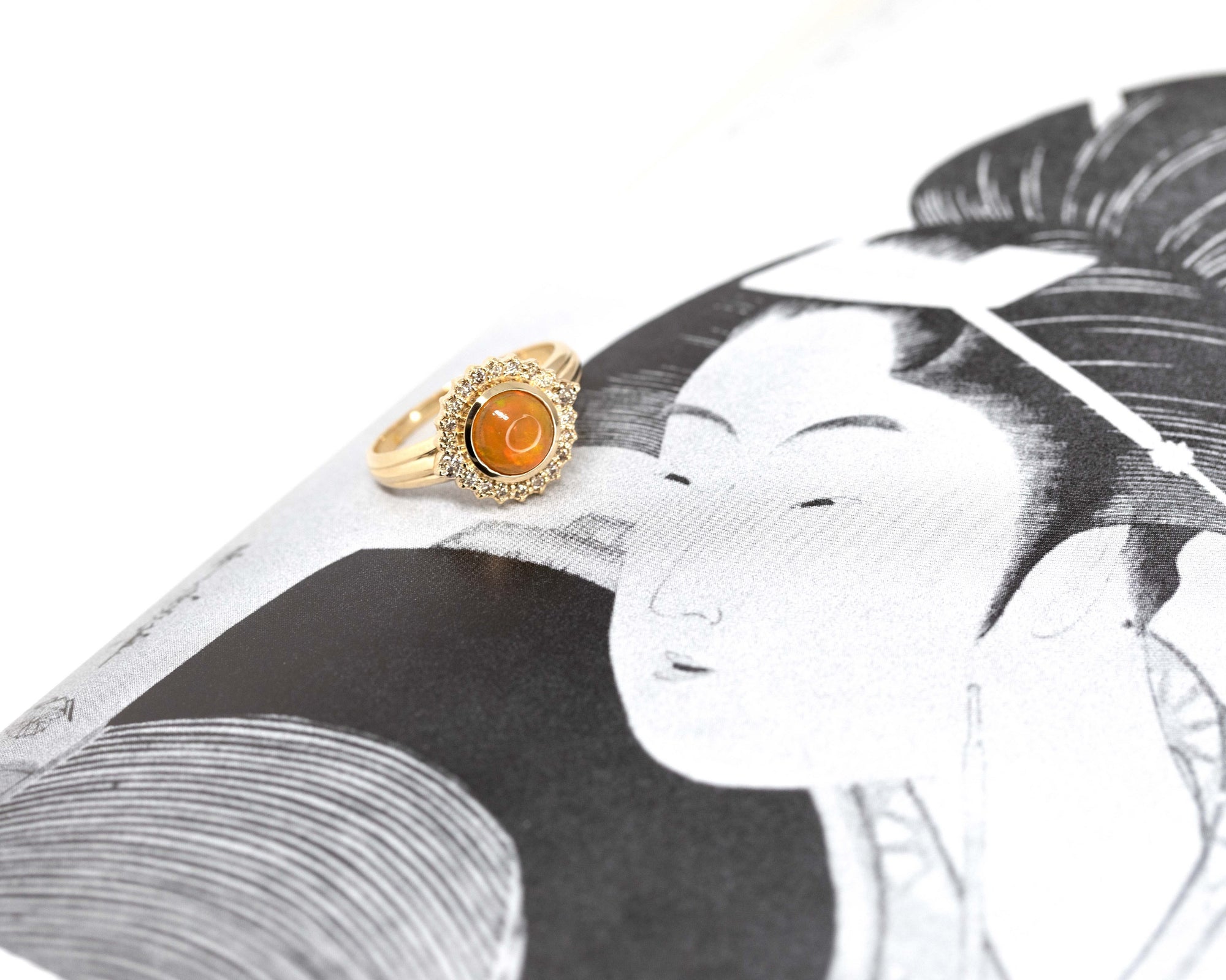 yellow gold bridal opal ring with brown diamonds designed in montreal by bena jewelry